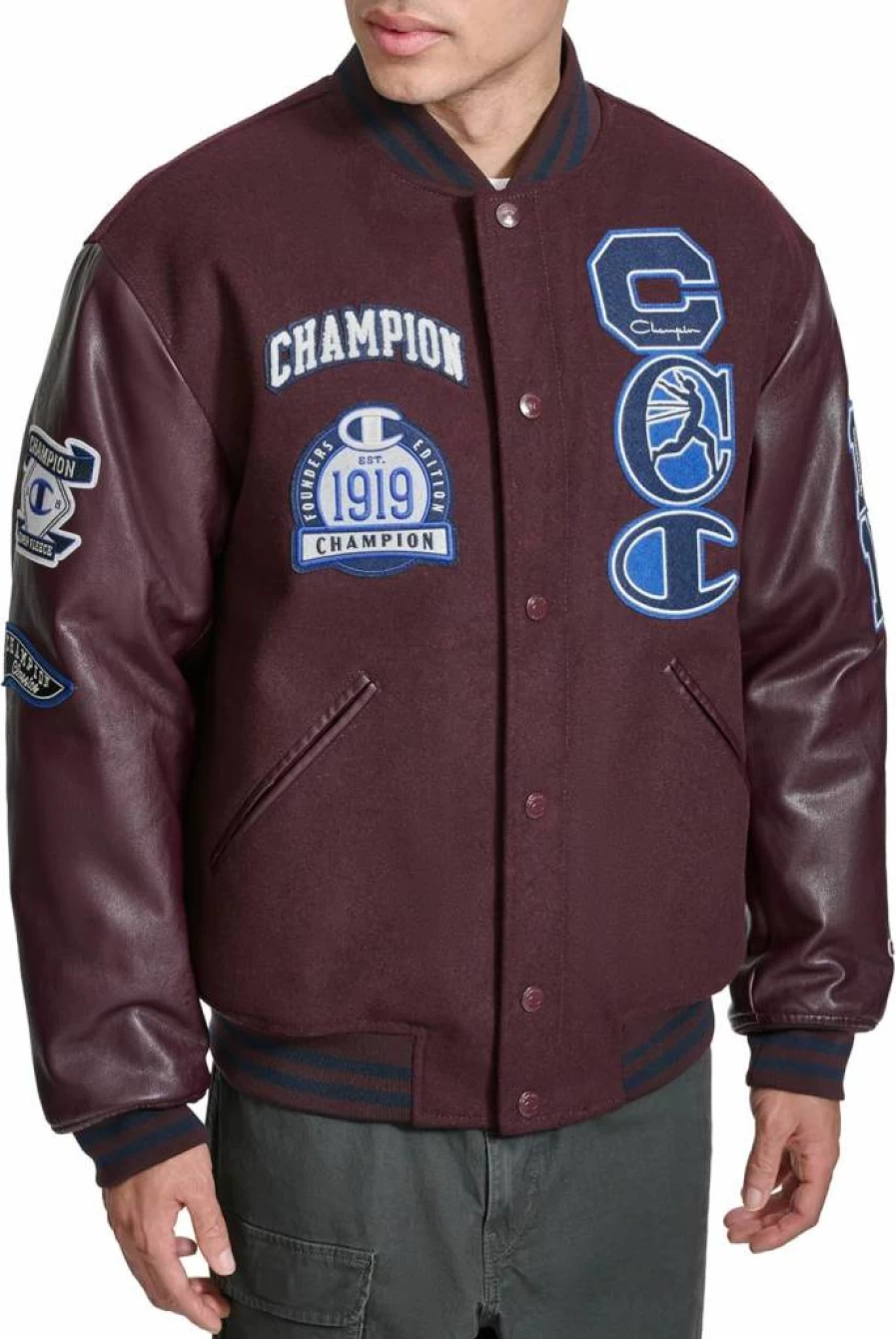 Champion Men's Vintage Letterman Varsity Bomber Jacket with Embroidered Patches – Classic Athletic Style