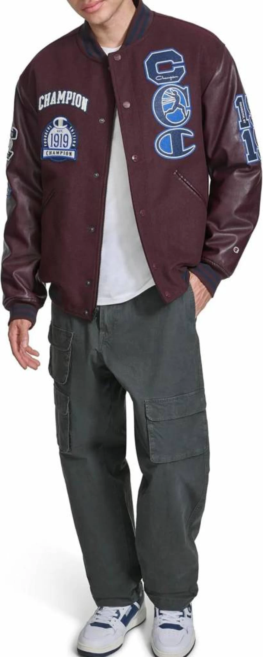 Champion Men's Vintage Letterman Varsity Bomber Jacket with Embroidered Patches – Classic Athletic Style
