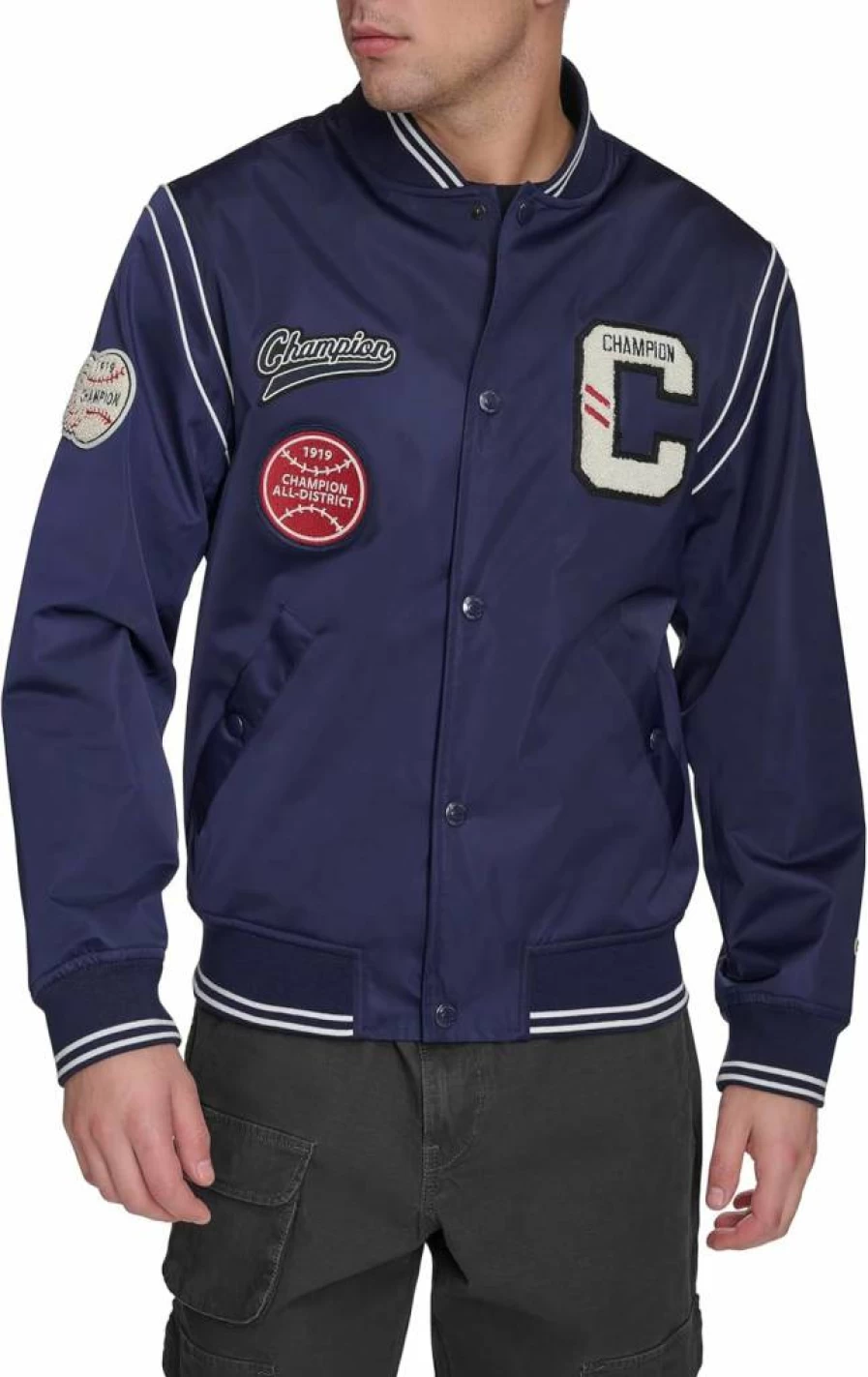 Champion Men's Vintage Patch Varsity Bomber Jacket - Classic Athletic Style Coat