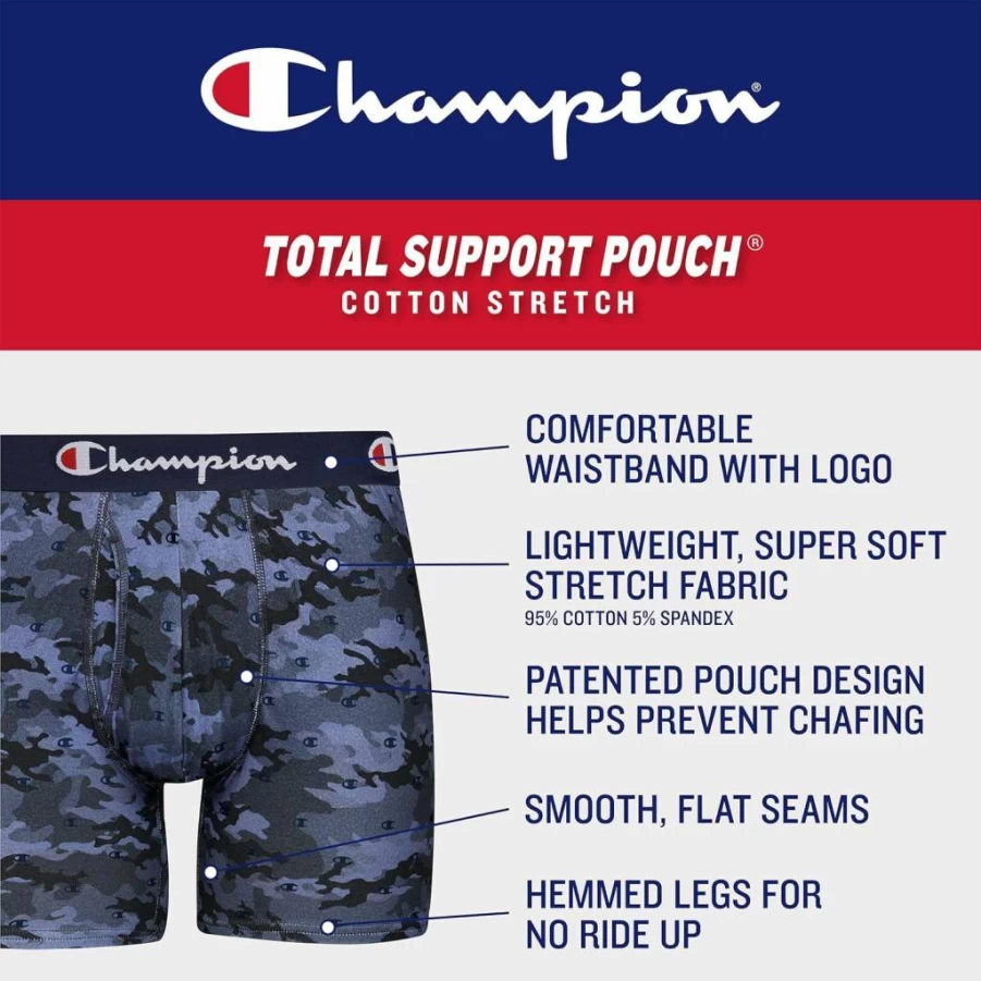 Champion Men's Cotton Stretch Boxer Briefs with Support Pouch - 3-Pack Comfort Underwear
