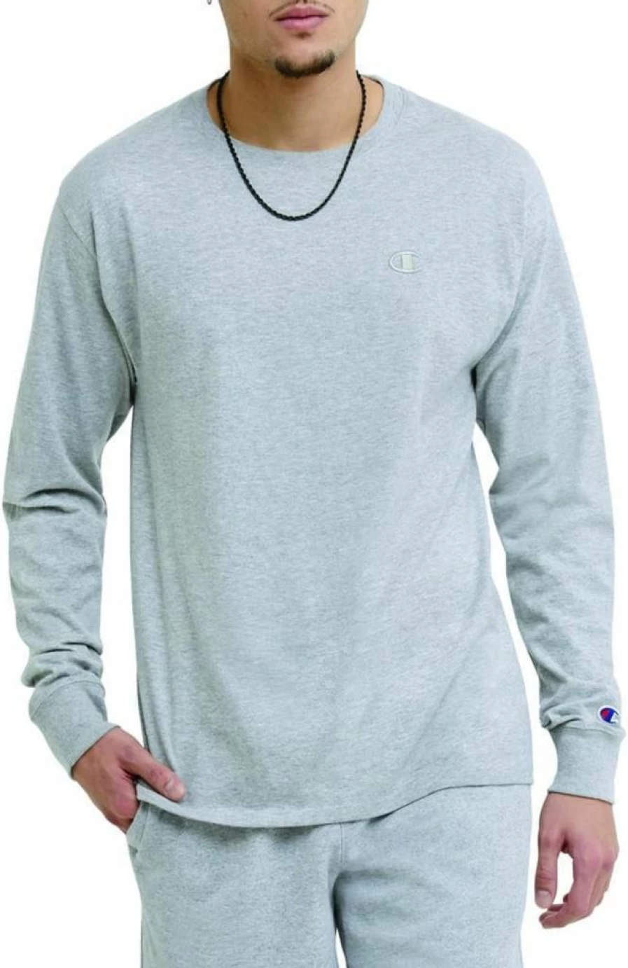 Champion Men's Classic Long Sleeve T-Shirt with Script & C Logo - Oxford Gray, Large - Regular & Big & Tall Sizes Available