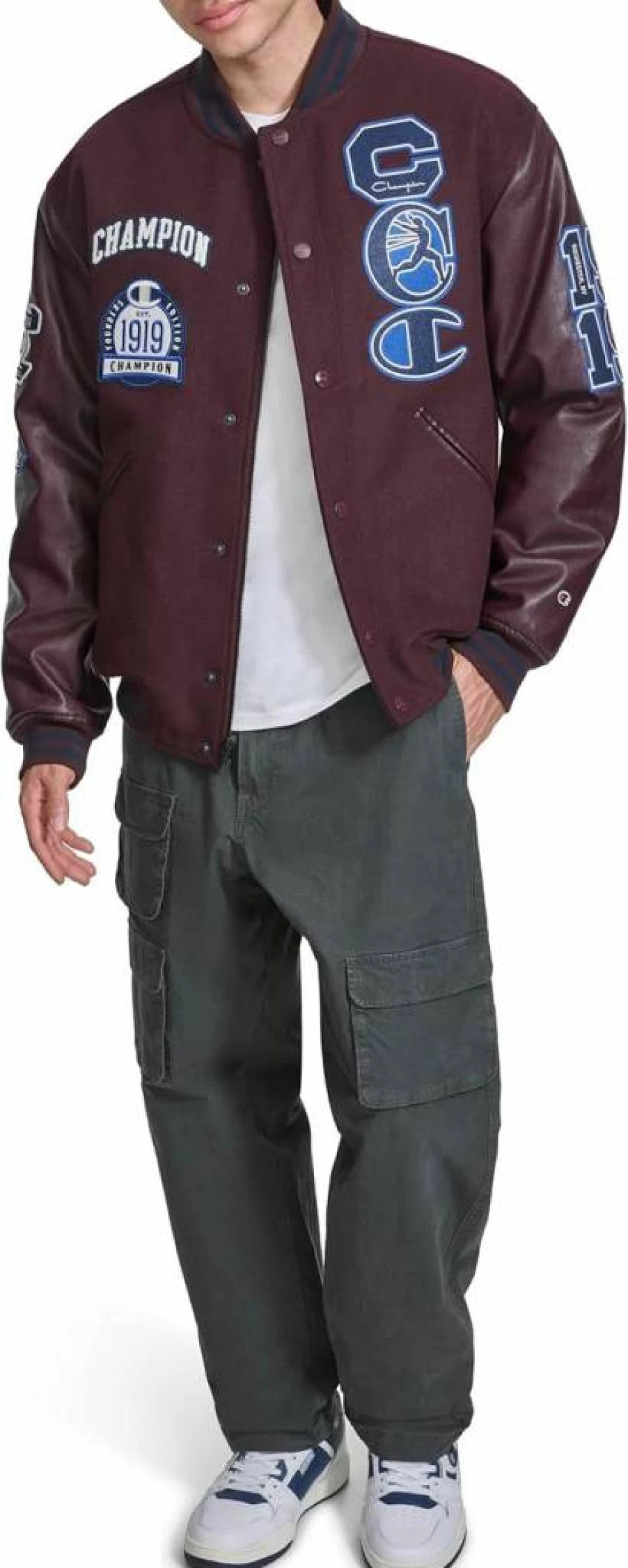 Champion Men's Vintage Letterman Varsity Bomber Jacket with Embroidered Patches – Classic Athletic Style