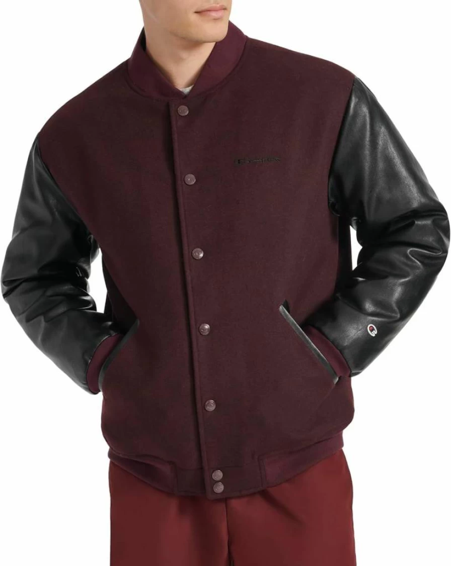 Champion Men's Varsity Bomber Jacket with Faux Leather Sleeves – Letterman Style Athletic Coat