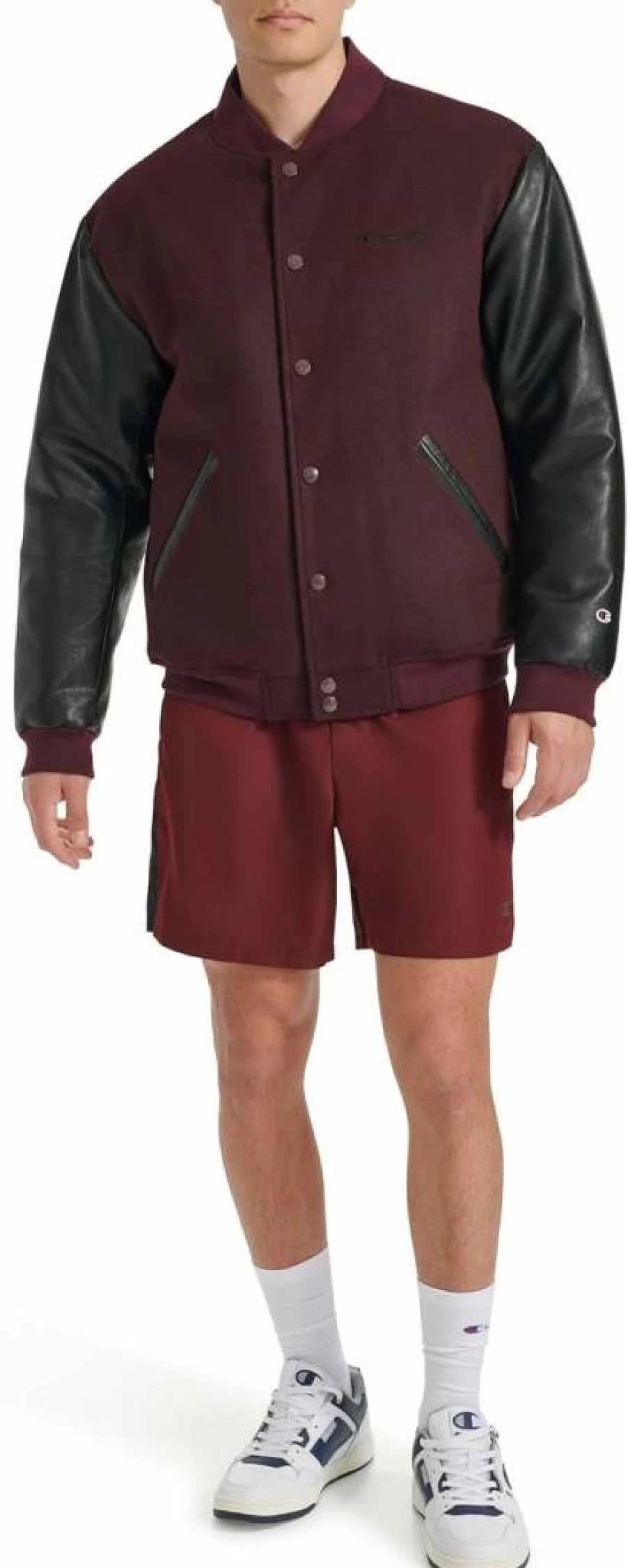 Champion Men's Varsity Bomber Jacket with Faux Leather Sleeves – Letterman Style Athletic Coat
