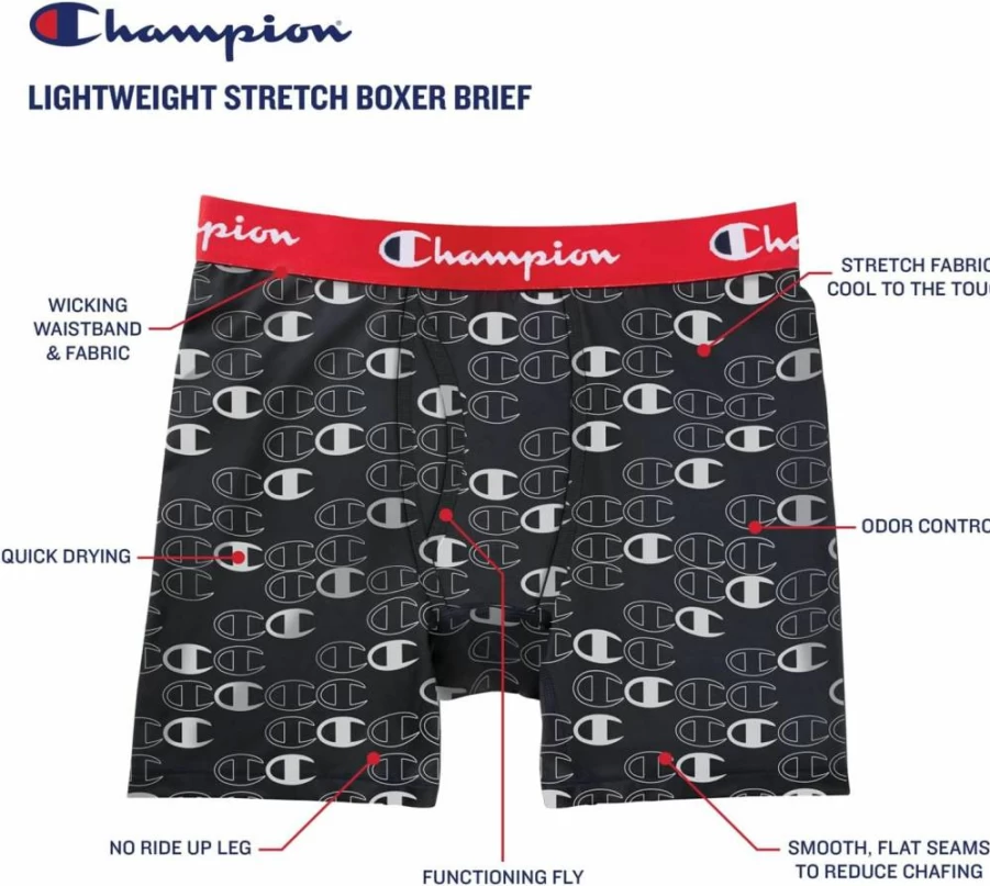 Champion Men's Active Flex 3-Pack Boxer Briefs - Lightweight, Stretch Comfort for Everyday Wear