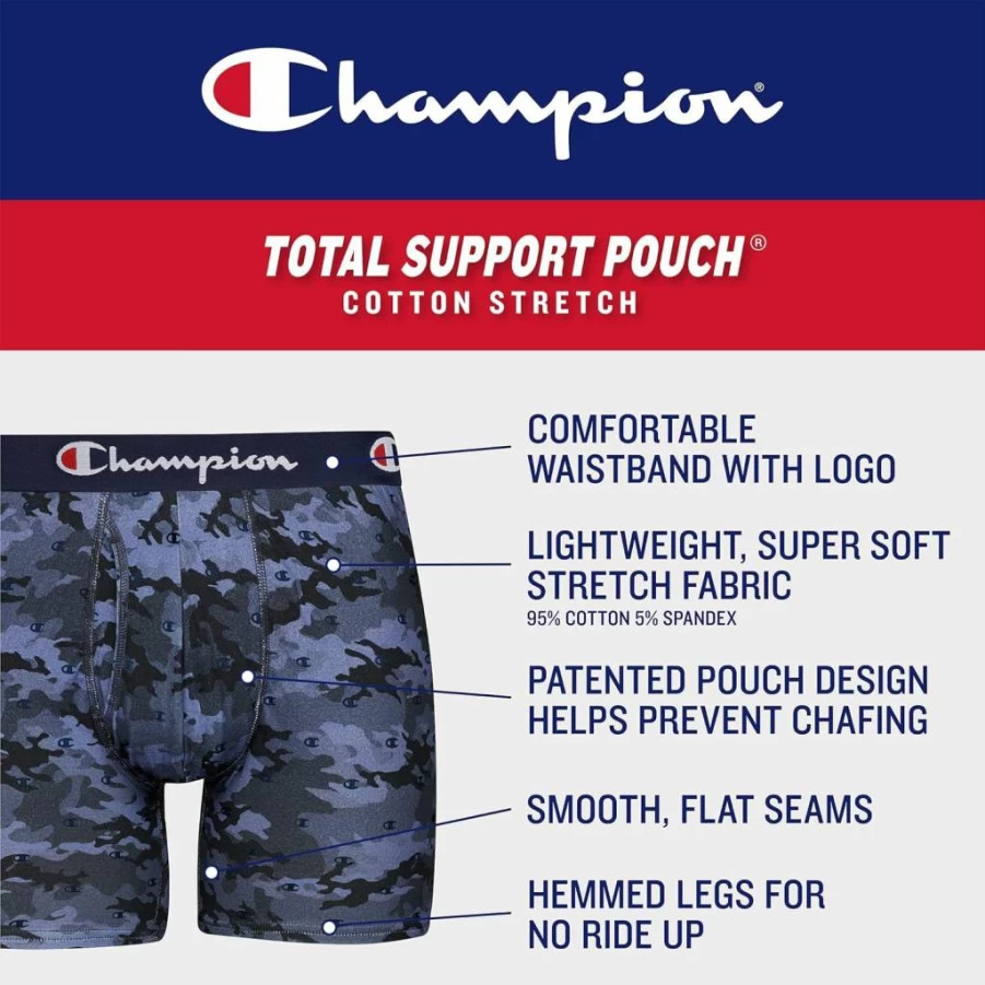 Champion Men's Cotton Stretch Boxer Briefs 3-Pack with Total Support Pouch - Comfortable Underwear for Daily Wear