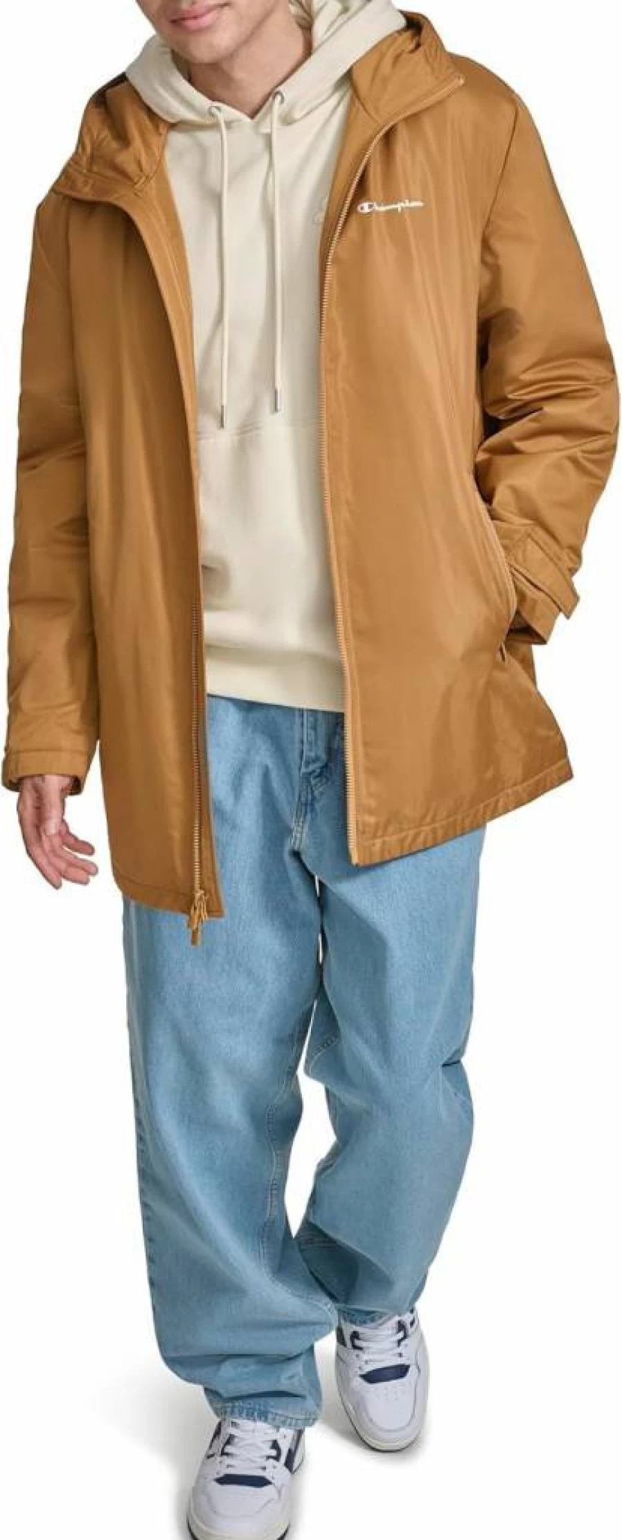 Champion Men's Hooded Sherpa-Lined Mid-Length Sideline Jacket - Warm Fleece-Lined Coat for Winter