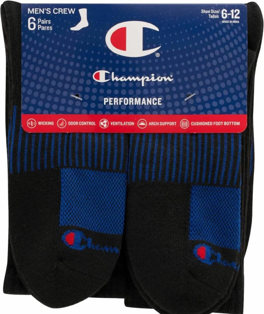 Champion Men's 6-Pack Performance Crew Socks for Athletic Comfort & Durability