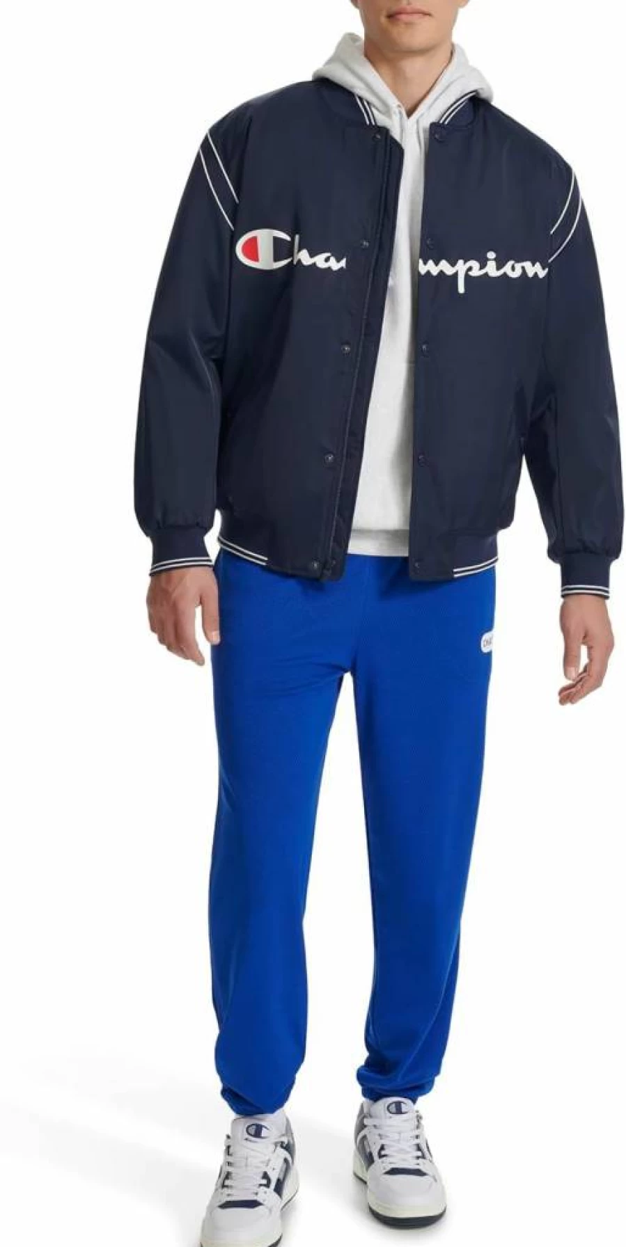 Champion Men's Satin Varsity Bomber Jacket - Embroidered Logo, Classic Athletic Style, Lightweight Comfort