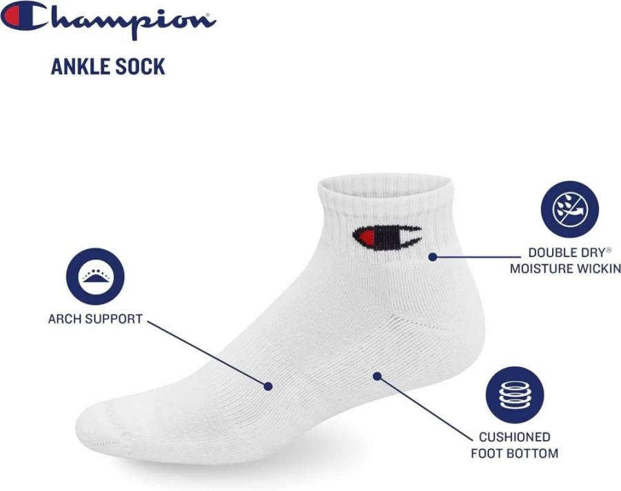 Champion Men's Moisture-Wicking Ankle Socks - 6, 8, 12 Pack Options for Athletic Performance & Comfort