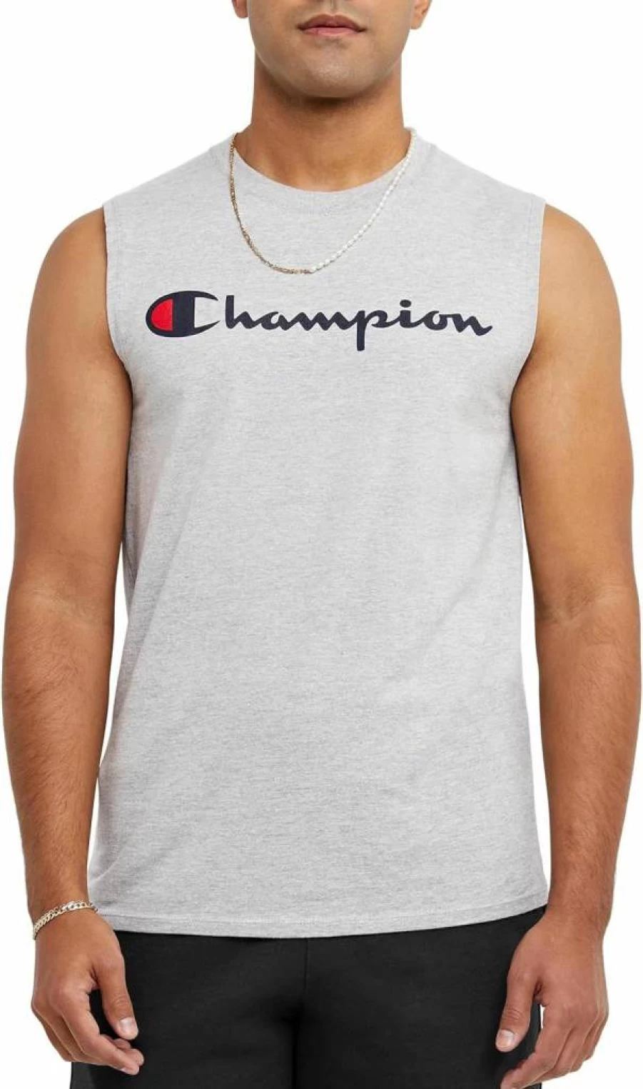 Champion Men's Classic Jersey Muscle T-Shirt with Screen Print Script - Oxford Gray Large - Comfortable Cotton Tee for Casual Wear