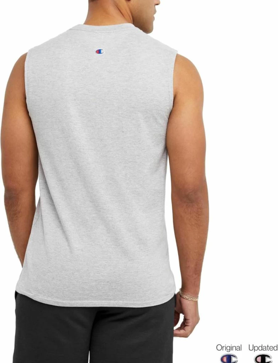 Champion Men's Classic Jersey Muscle T-Shirt with Screen Print Script - Oxford Gray Large - Comfortable Cotton Tee for Casual Wear