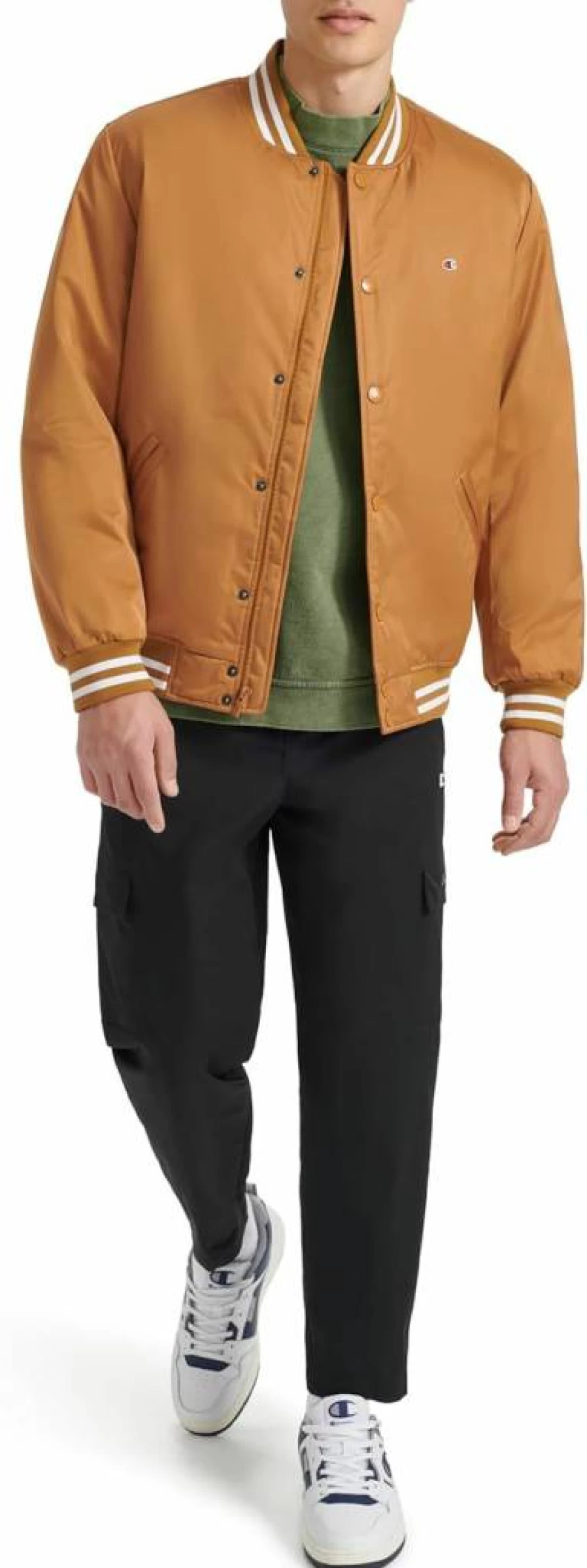 Champion Men's Vintage Striped-Trim Varsity Jacket with Logo - Classic Athletic Style