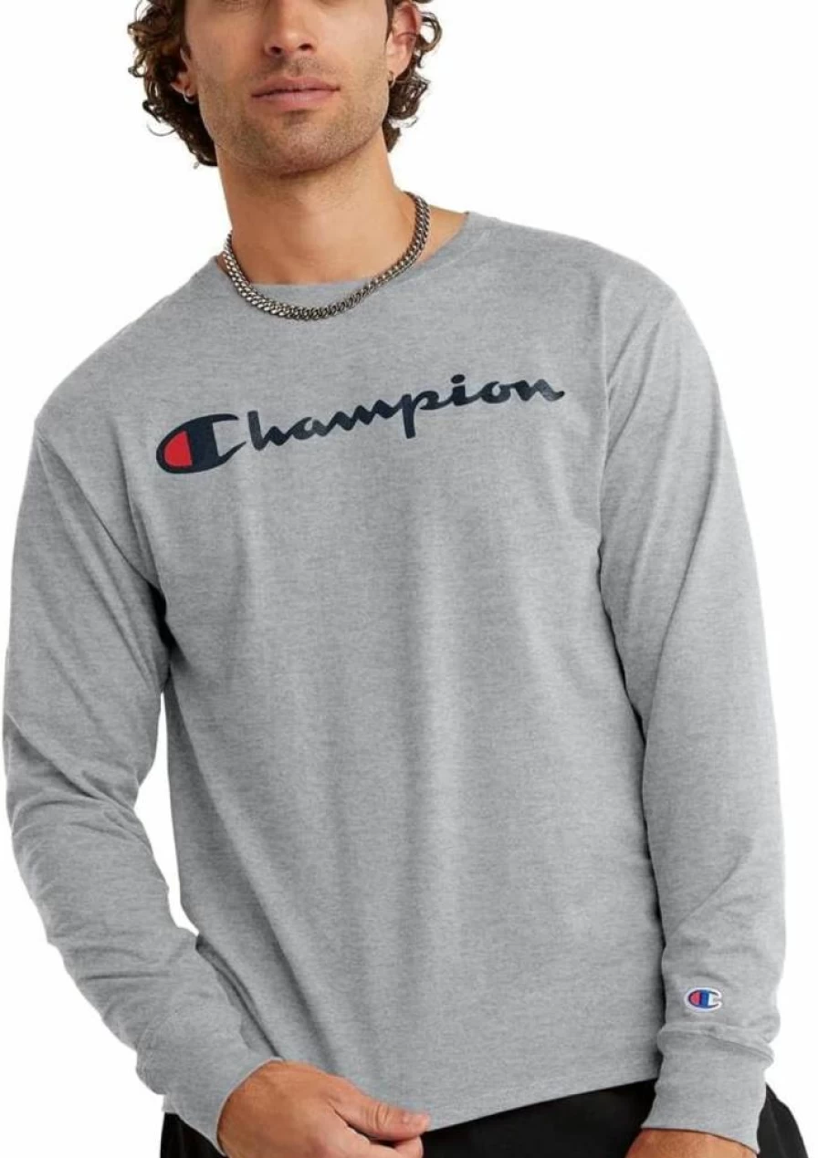 Champion Men's Classic Script Logo Long Sleeve T-Shirt - Oxford Gray, Standard Fit, Large (Regular & Big Tall Sizes Available)