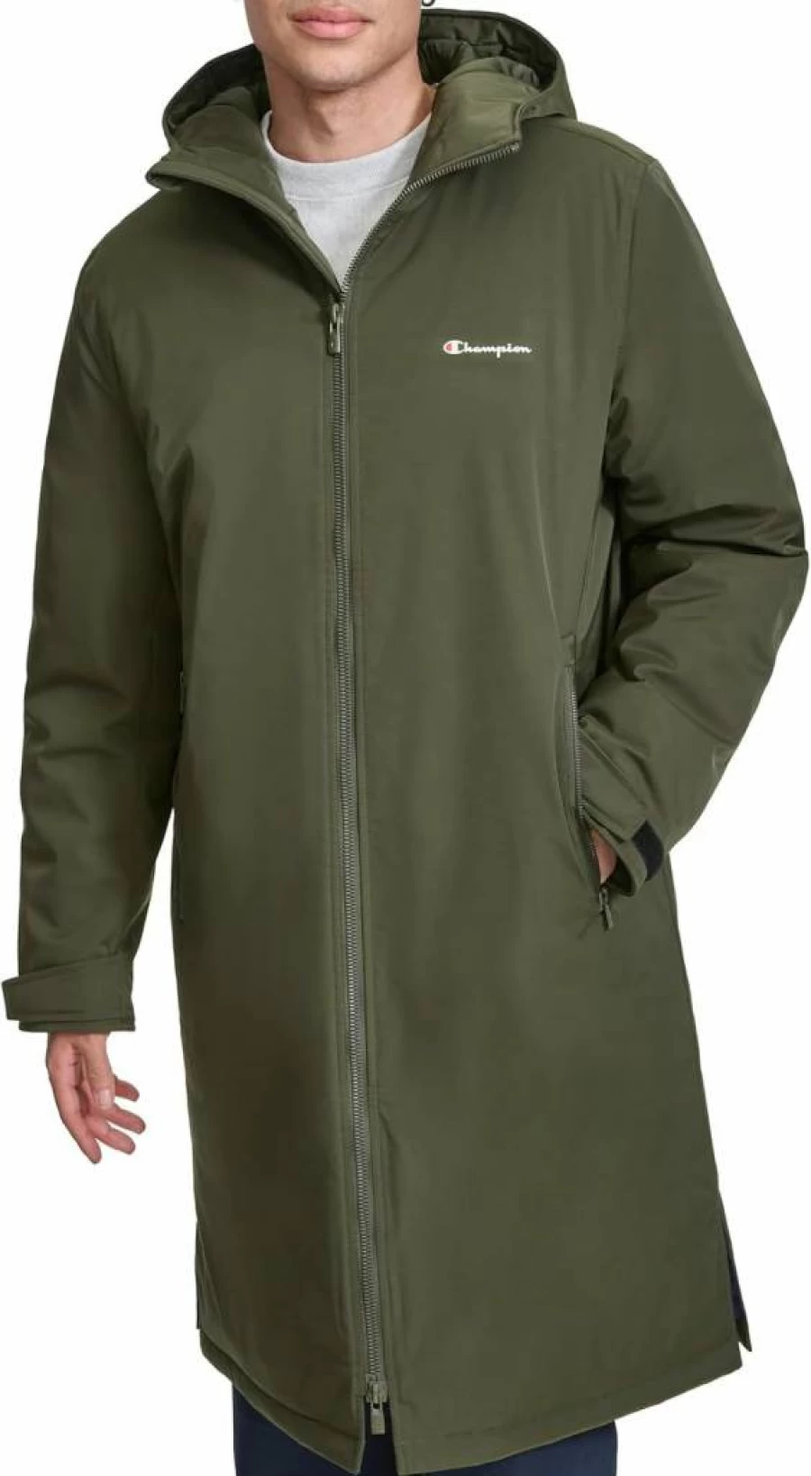 Champion Men's Quilted Lined Hooded Sideline Jacket – Warm Full-Length Zip-Up Coat