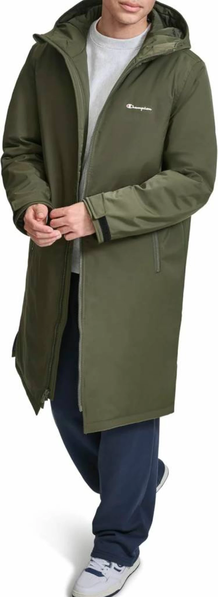 Champion Men's Quilted Lined Hooded Sideline Jacket – Warm Full-Length Zip-Up Coat