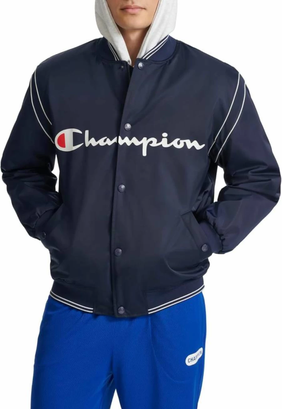 Champion Men's Satin Varsity Bomber Jacket - Embroidered Logo, Classic Athletic Style, Lightweight Comfort
