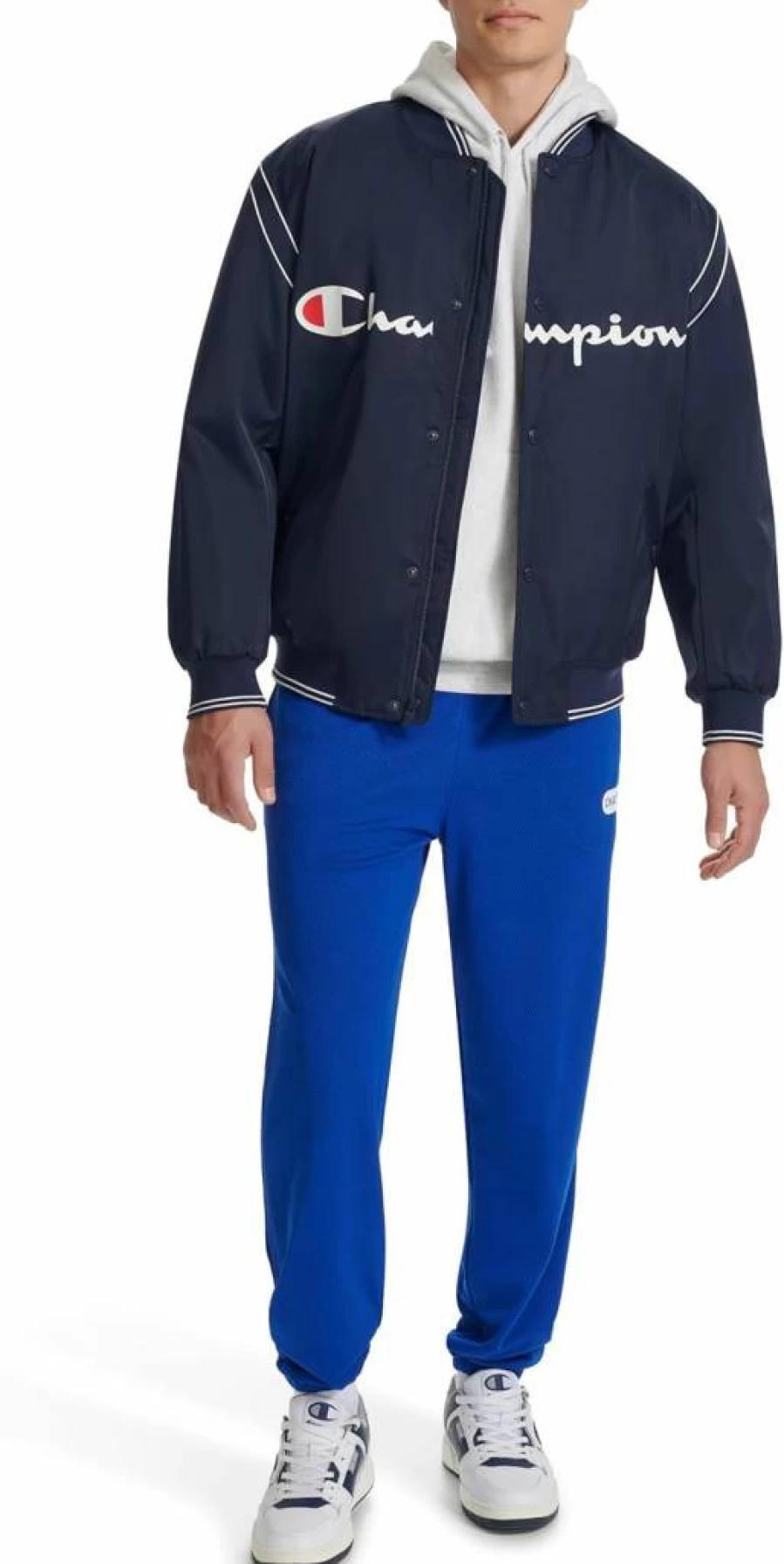 Champion Men's Satin Varsity Bomber Jacket - Embroidered Logo, Classic Athletic Style, Lightweight Comfort