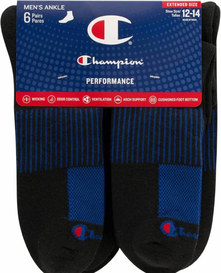 Champion Men's 6-Pack Performance Moisture-Wicking Ankle Socks for Athletic Comfort & Breathability