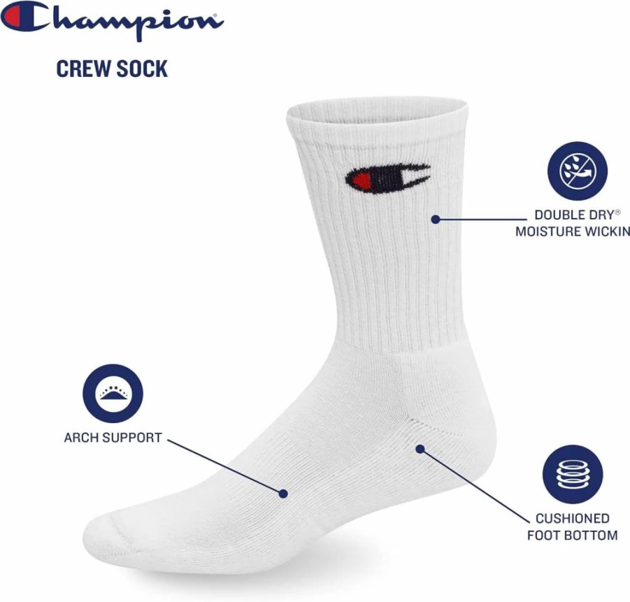 Champion Men's Moisture-Wicking Crew Socks - 6, 8, 12 Pack Options for Breathable Comfort