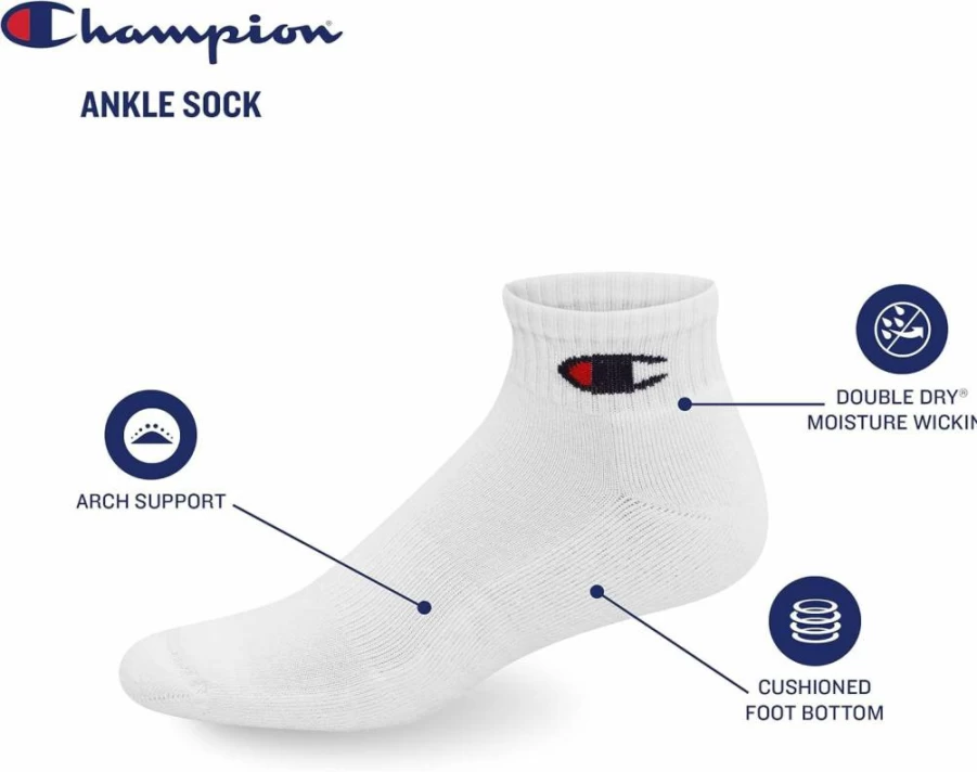 Champion Men's Moisture-Wicking Ankle Socks – 6, 8 & 12 Pack Options for Athletic Performance & Comfort
