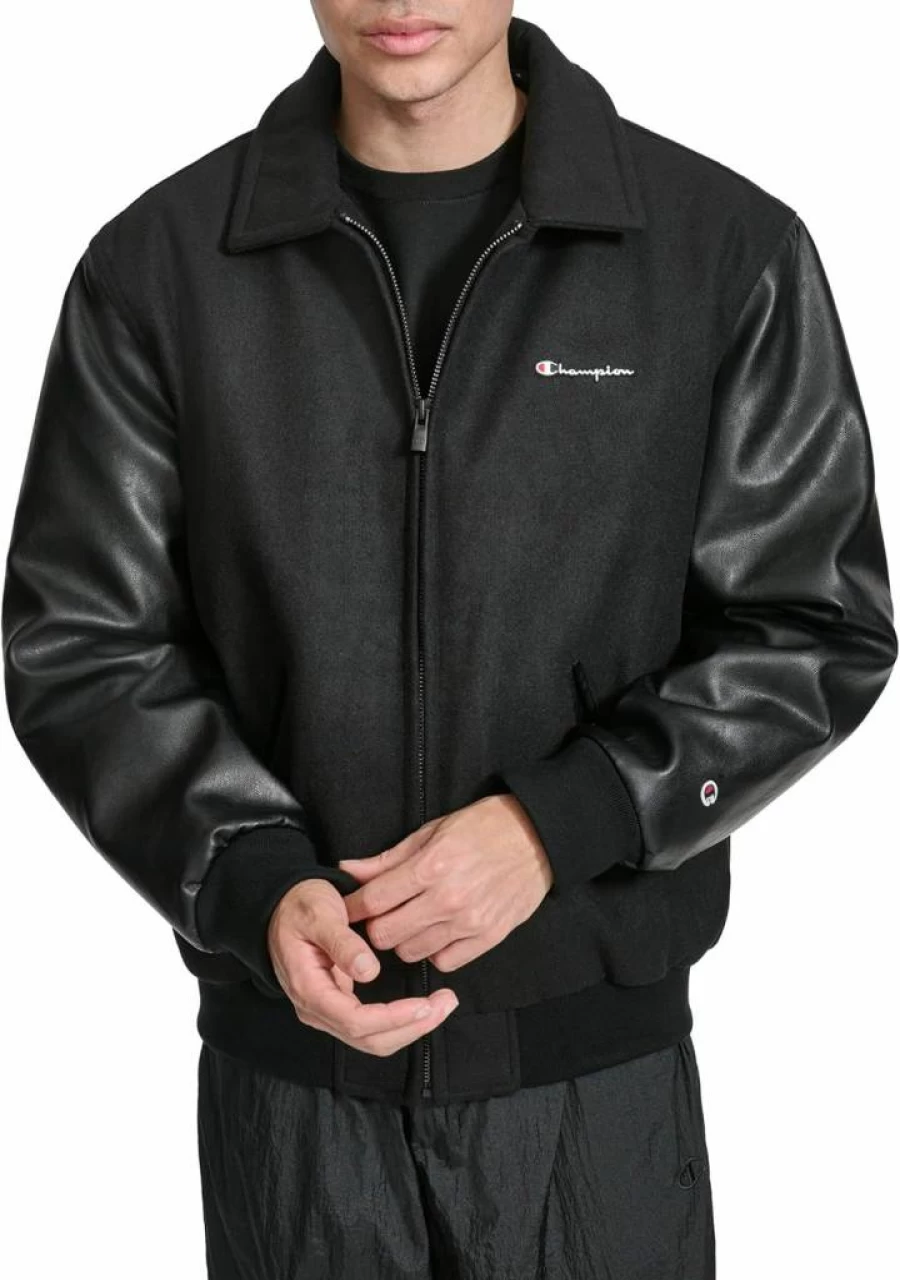 Champion Men's Faux Leather Sleeves Varsity Bomber Jacket with Zipper Closure