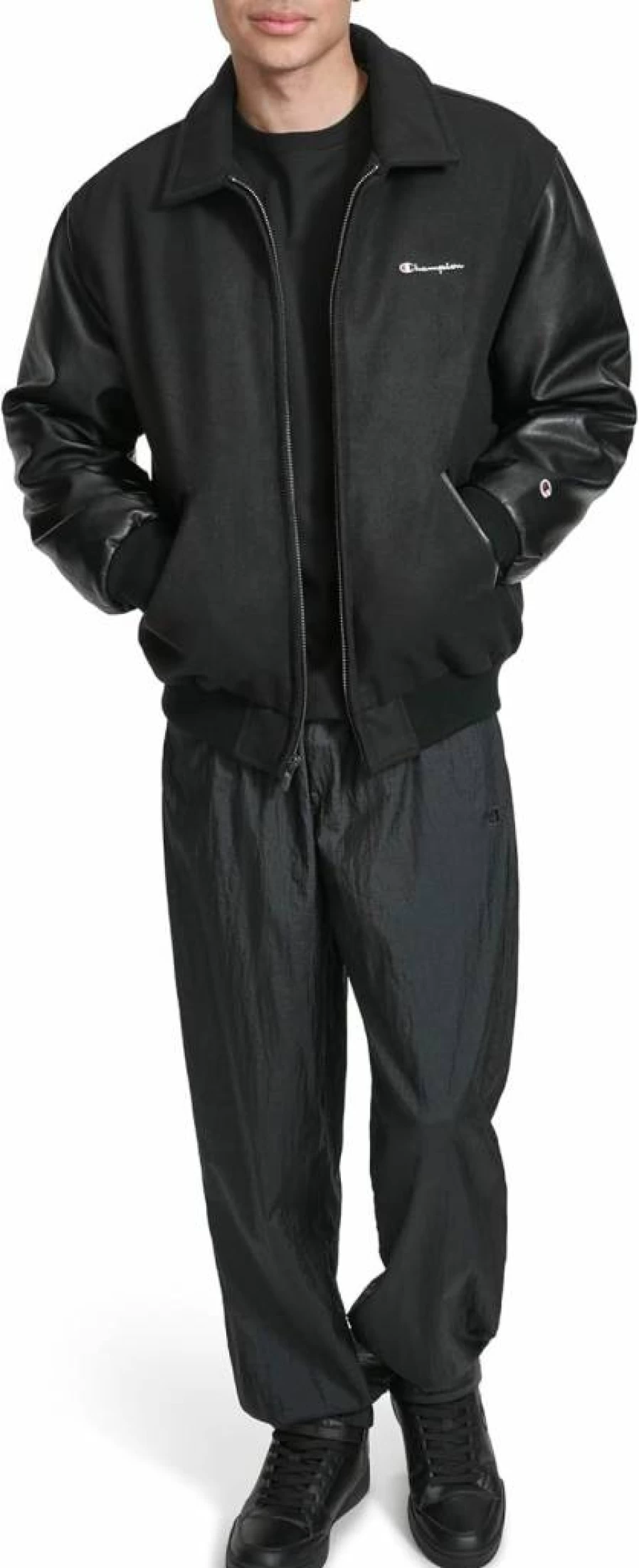 Champion Men's Faux Leather Sleeves Varsity Bomber Jacket with Zipper Closure